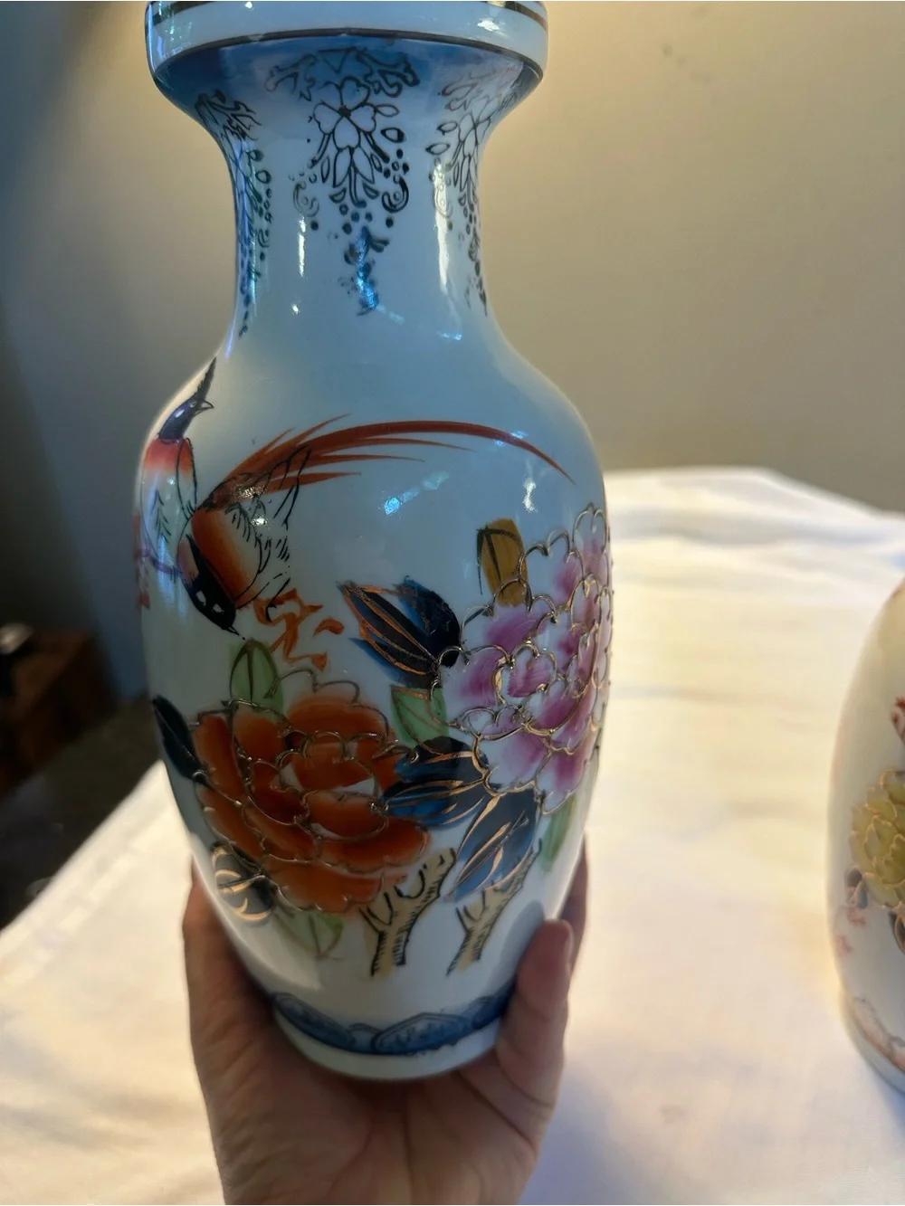 Decorative Chin Porcelain Floral & Bird Vases in White and Multicolor - Set of 2